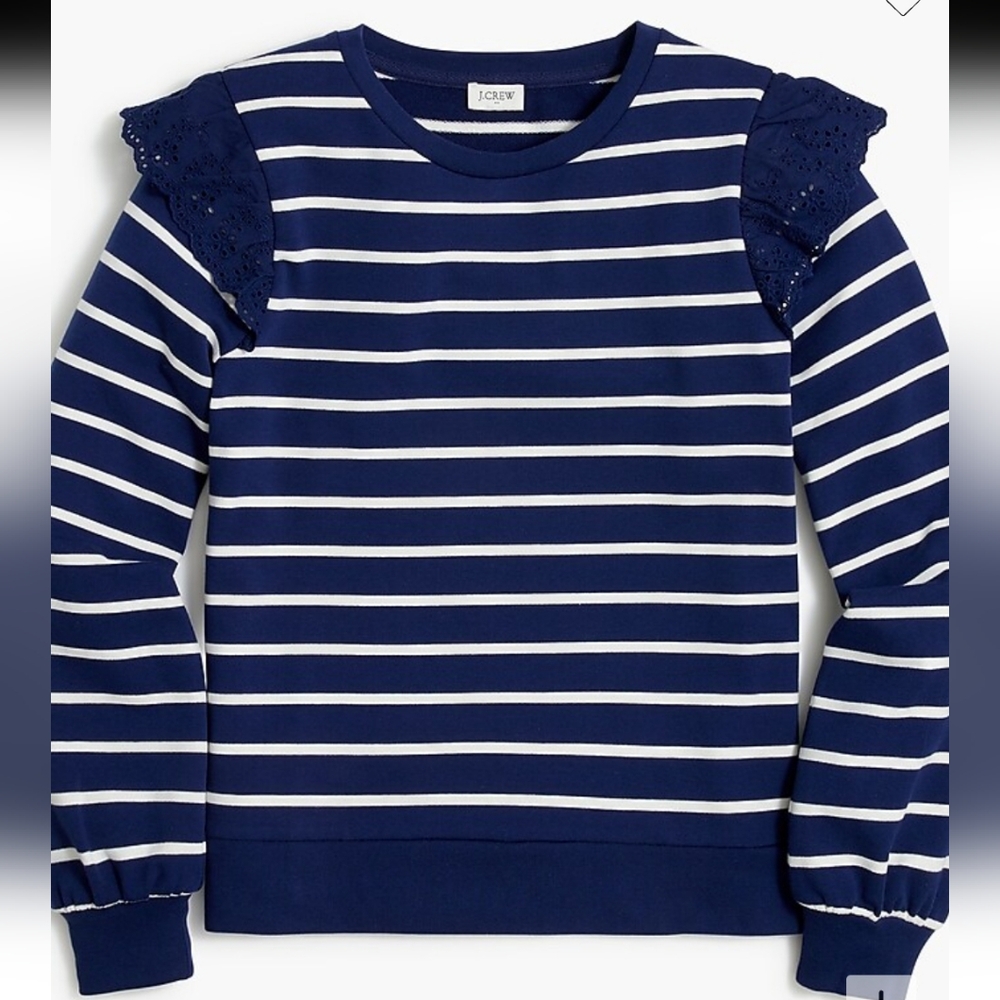 New J. CREW Eyelet Ruffle Blue Striped Pullover Sweatshirt Size S Navy White